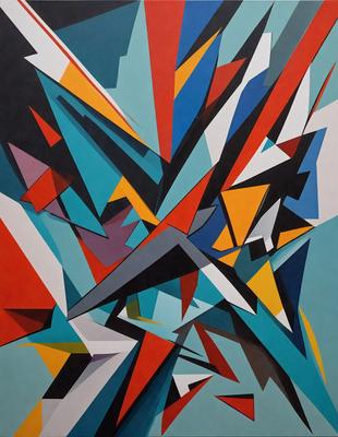 The primary subject of the image is a colorful, abstract painting featuring a mix of blue, red, yellow, and green colors. The painting is displayed on a blue wall, creating a vibrant and lively atmosphere. The visual style of the painting is a combination of digital art and illustration, showcasing a unique and creative design. The painting's colors and mood evoke a sense of energy and excitement, making it an eye-catching and memorable piece of art.